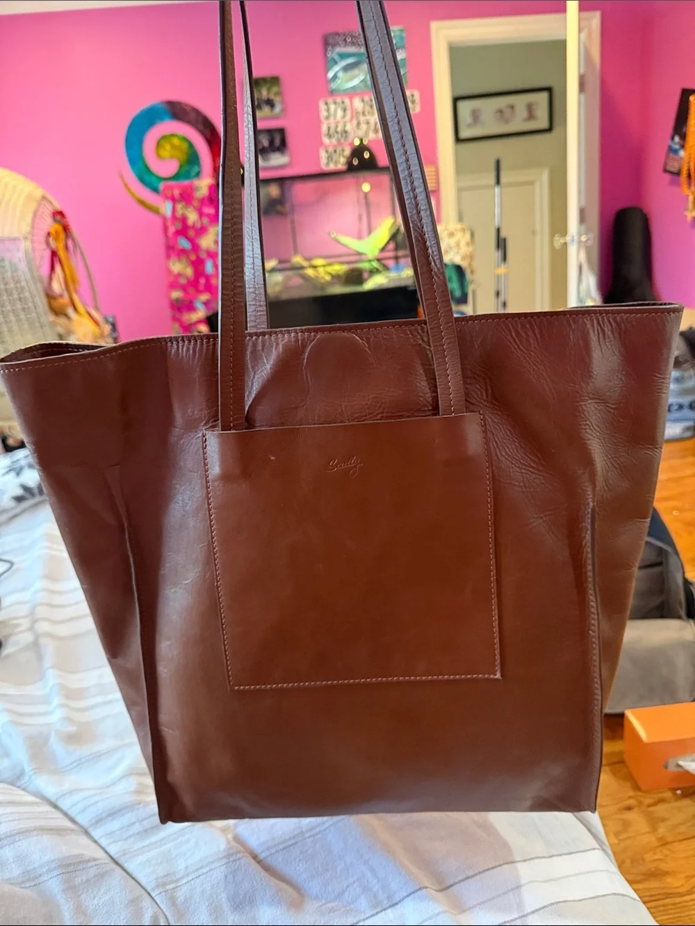 Scully Tan Leather Tote Bag with Front Pocket